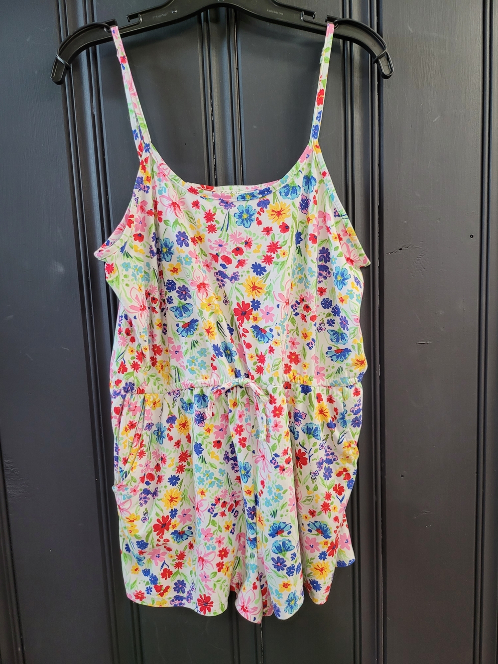 Floral Romper - Adjustable Straps, Drawstring Waist